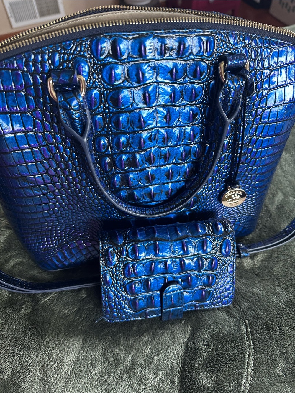 Like new Brahmin Blue Croc-Embossed Dome Satchel and Wallet set - Designer Style